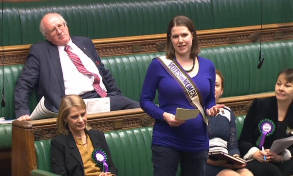 Jo Swinson wearing a ‘Votes for Women’ sash in the Commons on the 100th anniversary of the Representation of the People Act.