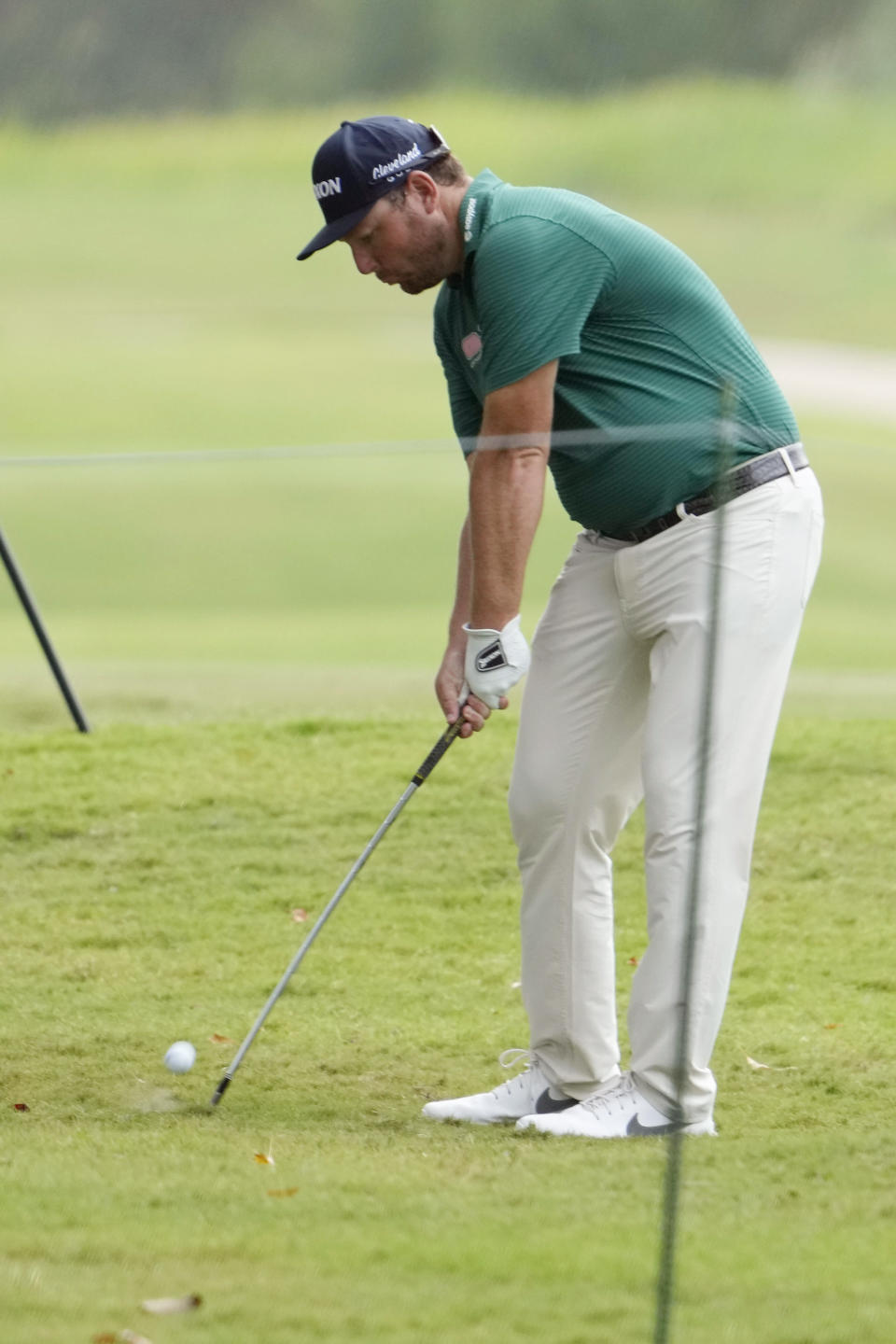 Matthew NeSmith hits from along the rough back onto the 17th fairway during the first round at the Sanderson Farms Championship golf tournament in Jackson, Miss., Thursday, Oct 5, 2023. (AP Photo Rogelio V. Solis)