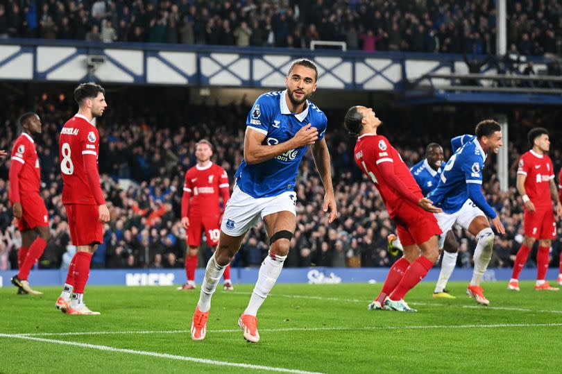 Dominic Calvert-Lewin celebrates scoring his team's second goal during the match between Everton  and Liverpool at Goodison Park on April 24, 2024