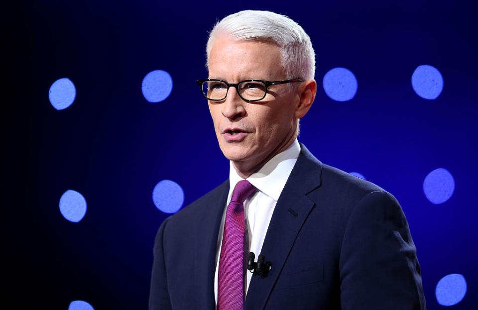 Debate moderator Anderson Cooper looks during the CNN Democratic Presidential Primary Debate between Democratic presidential candidate Hillary Clinton and candidate Senator Bernie Sanders at the Whiting Auditorium at the Cultural Center Campus on March 6, 2016 in Flint, Michigan. | Scott Olson—Getty Images