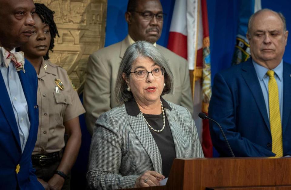 Miami-Dade County Mayor Daniella Levine Cava provides an update on the condition of Chief of Public Safety Alfredo “Freddy” Ramirez during a press conference at the Stephen P. Clark Government Center in downtown Miami on July 26, 2023.