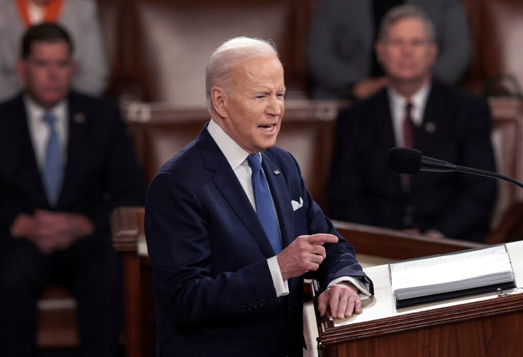 U.S. President Joe Biden delivers the State of the Union address during a joint session of Congress in the U.S. Capitol’s House Chamber March 01, 2022 in Washington, DC. (Photo by Win McNamee/Getty Images)