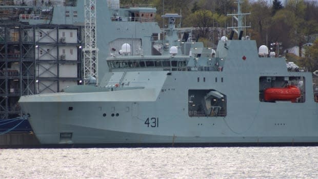 The future HMCS Margaret Brooke floats alongside the Irving shipbuilding yard in Halifax last week, awaiting its first sea trial. (Brett Ruskin/CBC - image credit)