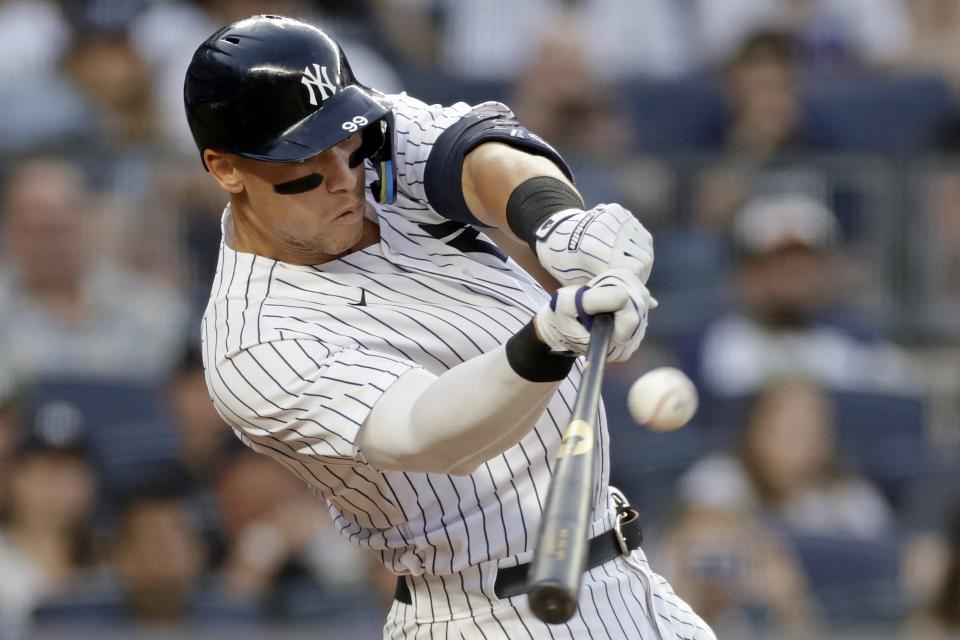 Aaron Judge of the New York Yankees hits a home run against the Detroit Tigers during the third inning at Yankee Stadium in New York on Friday, June 3, 2022.