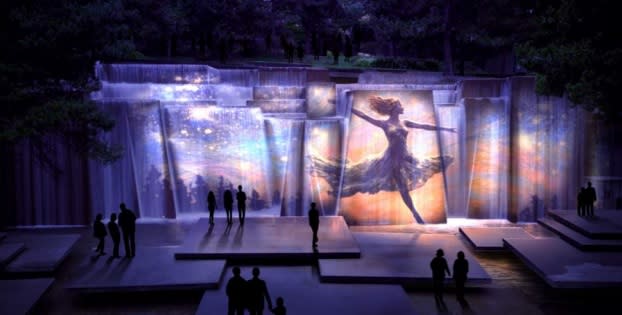 A rendering of the Keller Fountain being used for visual arts outside of the Keller Auditorium.
