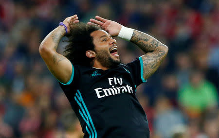 Soccer Football - Champions League Semi Final First Leg - Bayern Munich vs Real Madrid - Allianz Arena, Munich, Germany - April 25, 2018 Real Madrid's Marcelo celebrates scoring their first goal REUTERS/Michaela Rehle