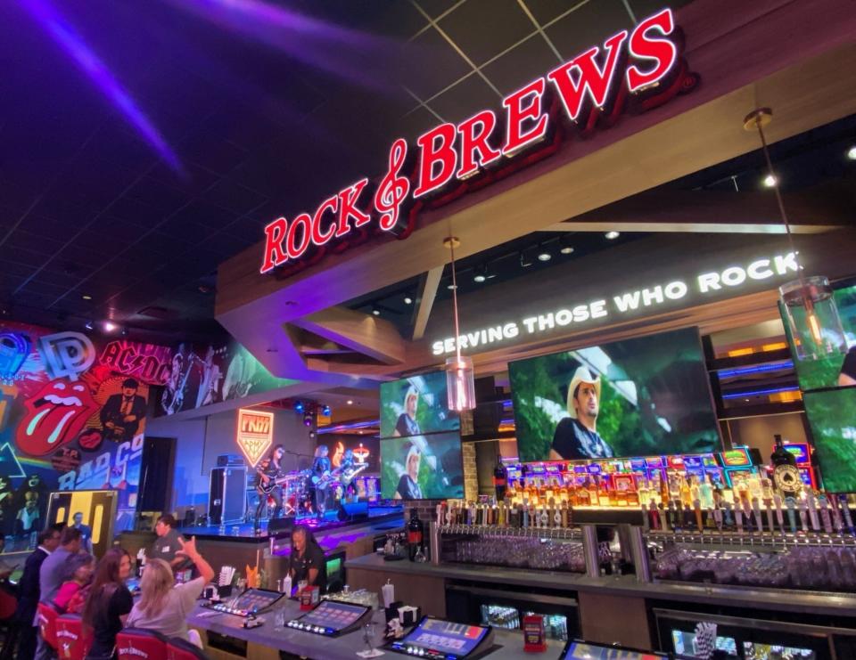 A look at the bar and stage at Rock & Brews, a rock music-themed restaurant by Gene Simmons and Paul Stanley of the band KISS, at Potawatomi Casino Hotel in Milwaukee.