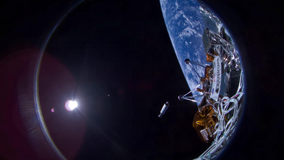 selfie taken by a spacecraft with earth's limb, the blackness of space and the distant sun in the background.