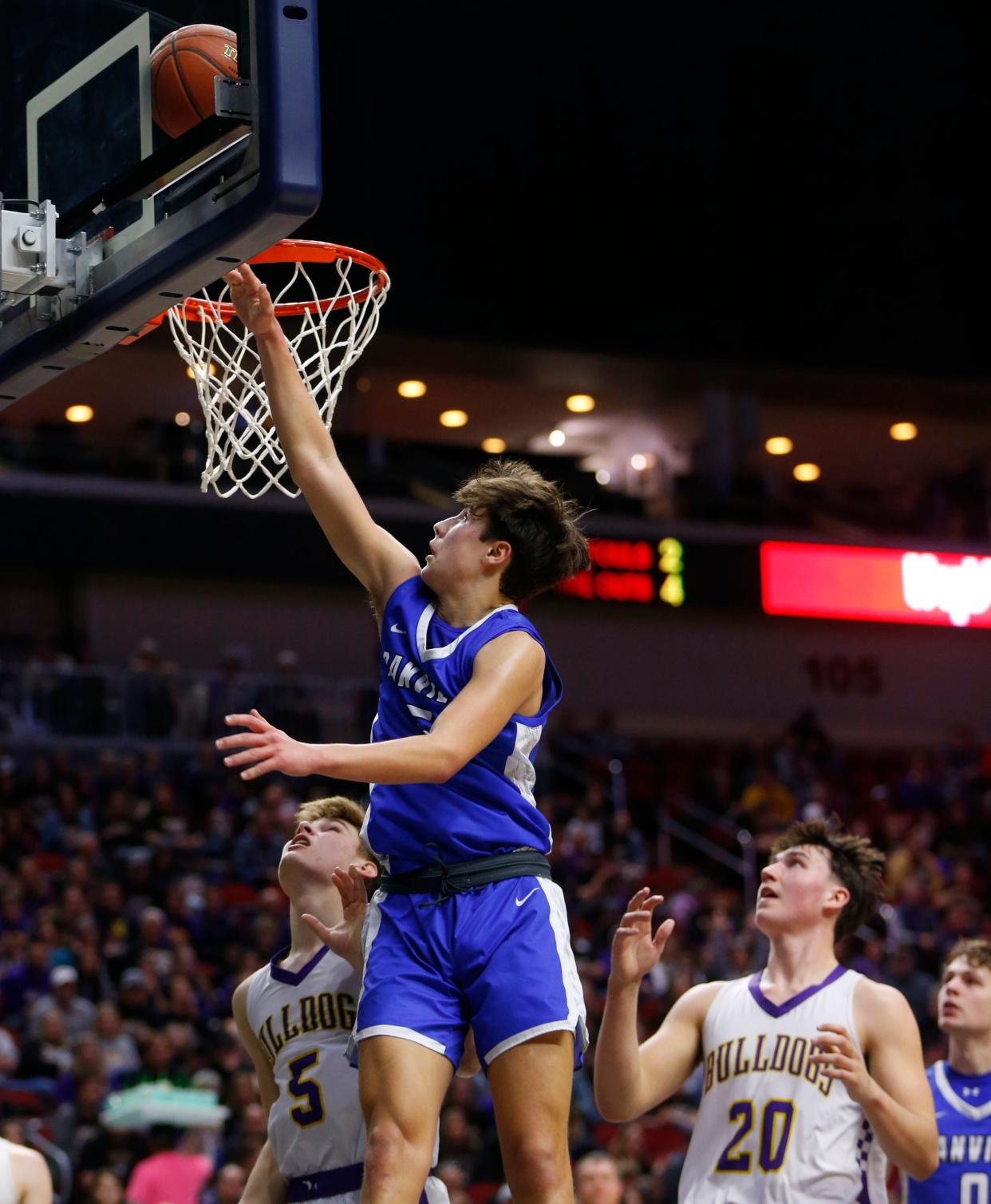 Caiden Gourley of Danville puts up a shot during a game against Lake Mills in the Iowa high school boys state basketball 1A quarterfinals at Wells Fargo Arena in Des Moines, Monday, March 7, 2022.