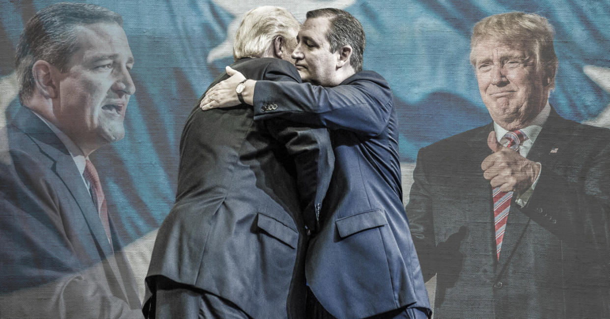 Foreground: President Trump greets Sen. Ted Cruz, R-Texas, during a campaign rally in Houston on Oct. 22. Background: Cruz and Trump at the Republican National Convention in 2016. (Yahoo News photo illustration; photos: Brett Carlsen/Getty Images, Saul Loeb/AFP/Getty Images, Benjamin Lowy/Getty Images)