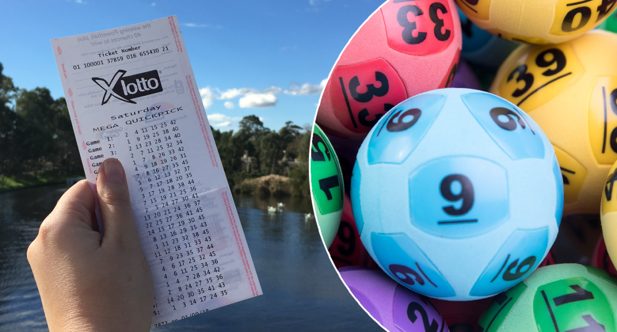 A lottery ticket held up in front of a river in Adelaide (left) and the Saturday lotto balls (right). 