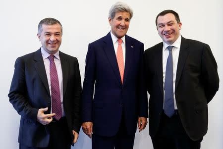 U.S. Secretary of State John Kerry meets leaders of Georgia's opposition United National Movement David Bakradze (L) and Giga Bokeria in Tbilisi, Georgia, July 7, 2016. REUTERS/David Mdzinarishvili