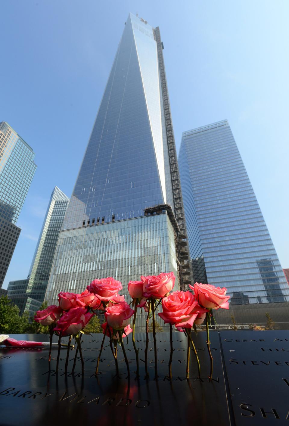 Roses stand in an etched name at the 9/11 Memorial during a ceremony marking the 12th Anniversary of the attacks on the World Trade Center in New York September 11, 2013. REUTERS/David Handschuh/Pool (UNITED STATES - Tags: DISASTER ANNIVERSARY)