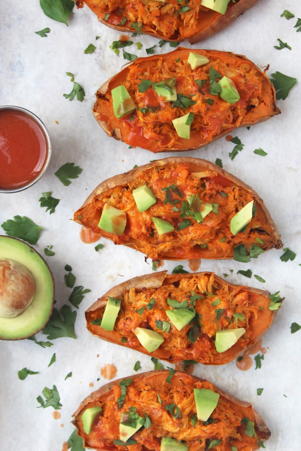 Buffalo Chicken Twice-Baked Sweet Potatoes