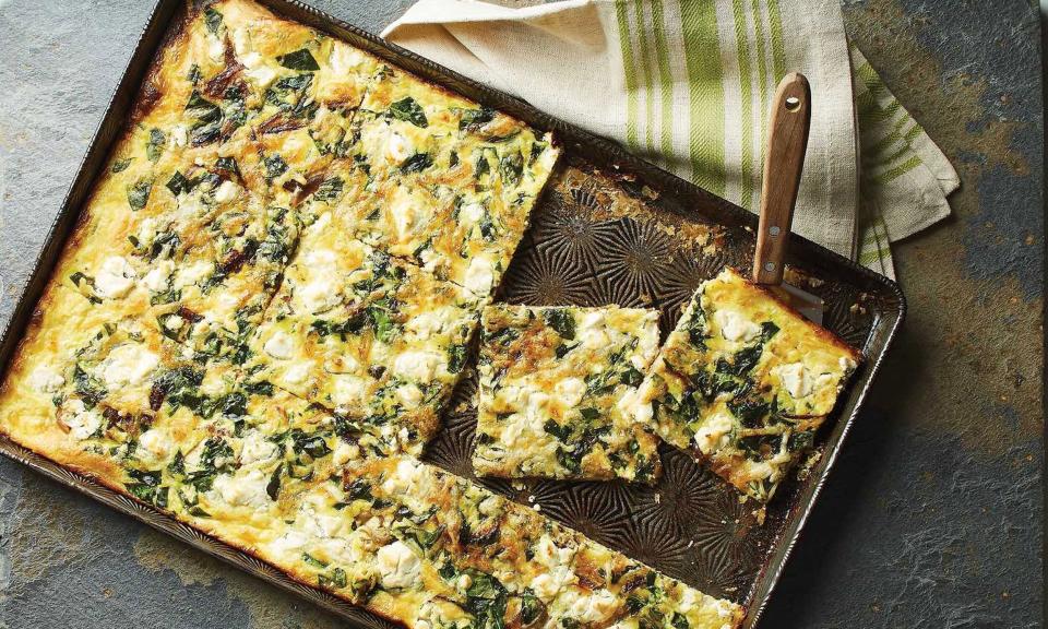 Slab Quiche with Spinach, Goat Cheese, and Caramelized Onions