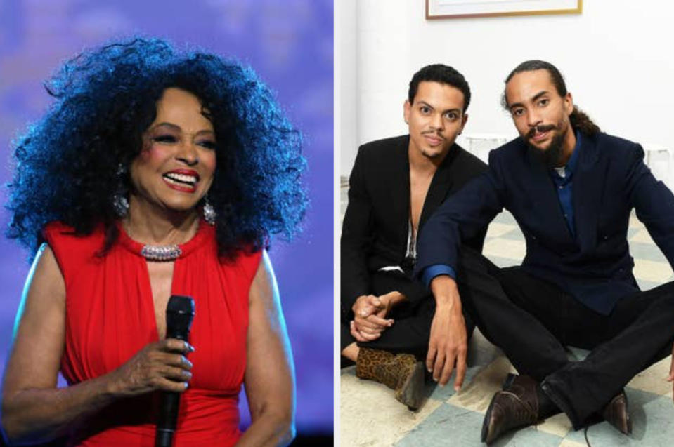 Diana Ross performs at the  "Keep the Promise" AIDS Healthcare Foundation concert in 2019, Evan Ross and Ross Naess pose together at the Art with a Cause event in 2017