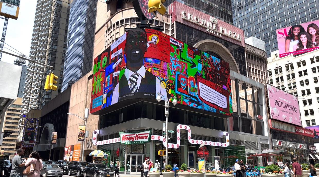 Mississippian Anthony Sims' black and white image of Tyre Nichols in front of a colorful backdrop was featured in New York's Times Square.