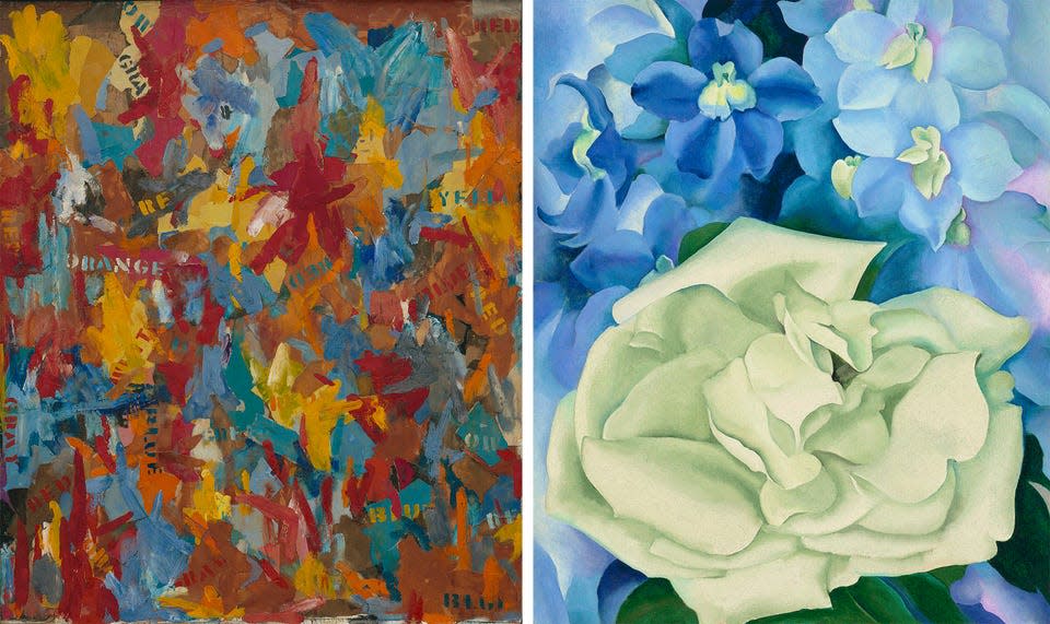 Jasper Johns, Pequeño comienzo en falso;  Georgia O'Keeffe's, White Rose con Larkspur No. 1.