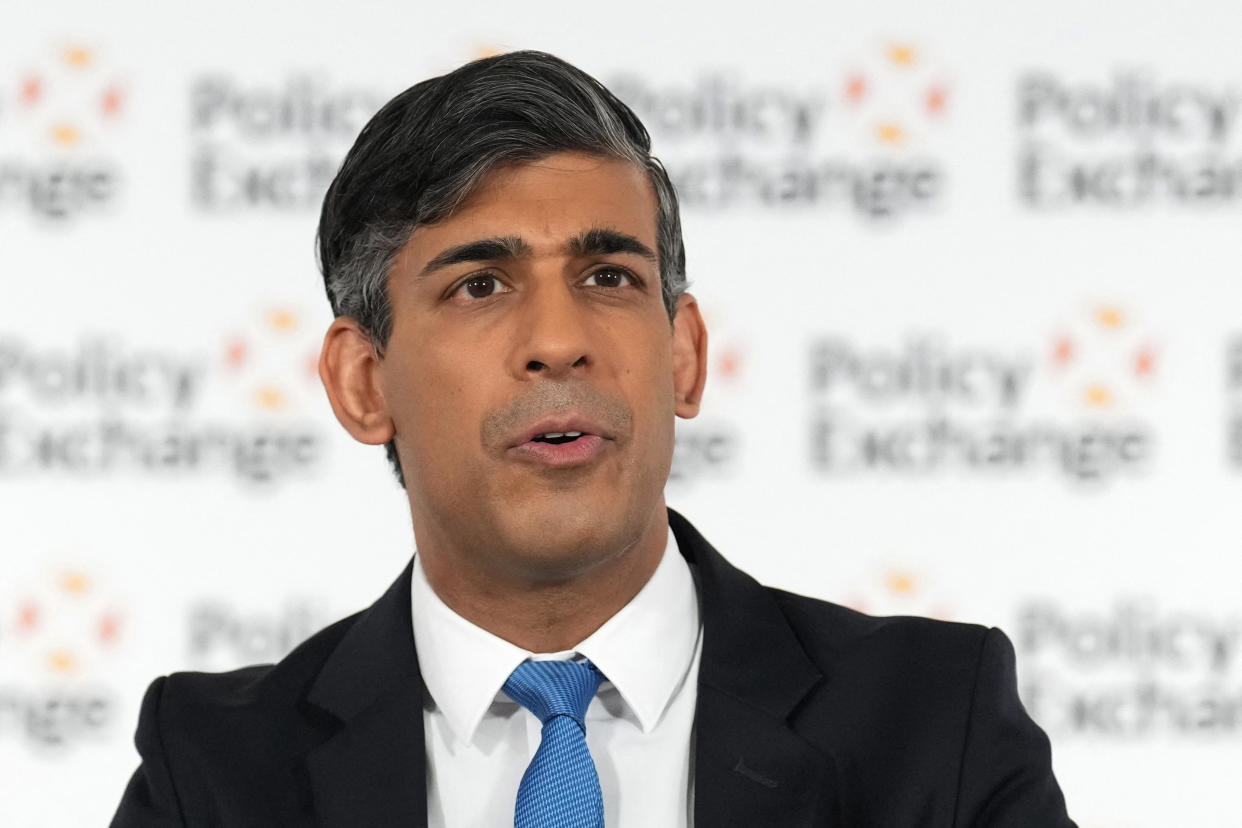 Britain's Prime Minister Rishi Sunak delivers a speech on national security at the Policy Exchange, on May 13, 2024 in London, England. UK Prime Minister Rishi Sunak insisted on May 13 that his beleaguered Conservative party can win a general election despite polls consistently indicating the opposite, but refused to set a date for the vote. (Photo by Carl Court / POOL / AFP) (Photo by CARL COURT/POOL/AFP via Getty Images)
