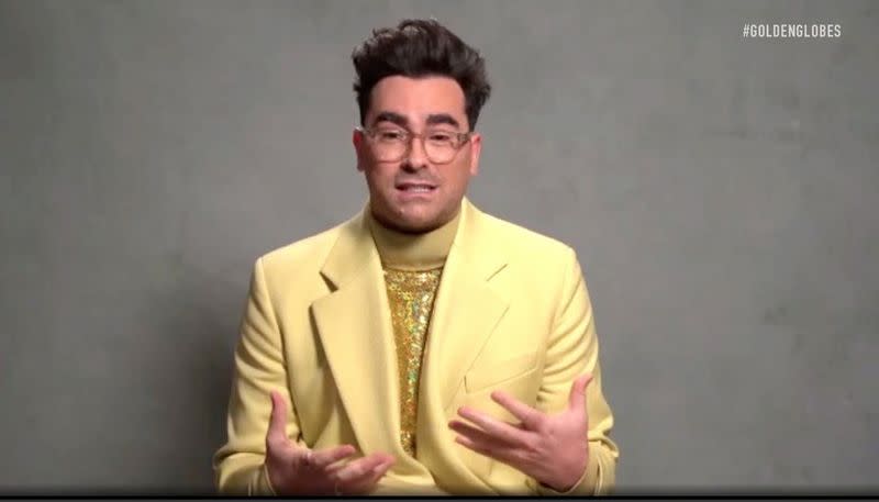 Actor Dan Levy speaks in this handout screen grab from the 78th Annual Golden Globe Awards in Beverly Hills