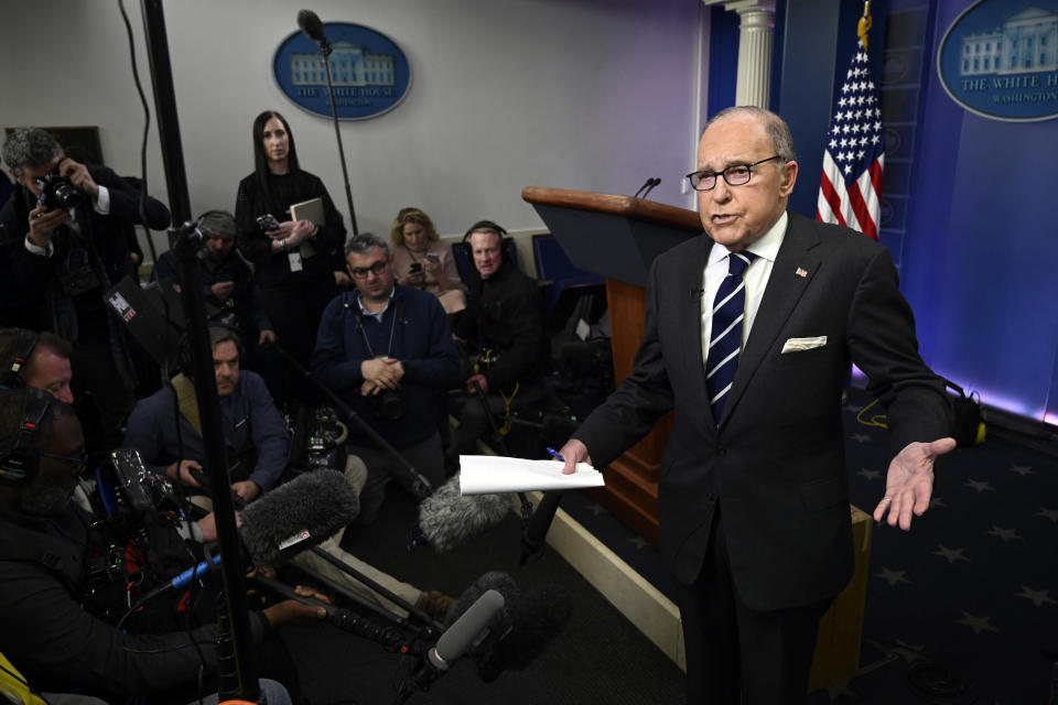 White House National Economic Council Director Larry Kudlow speaks to reporters in the briefing room of the White House in Washington, Tuesday, Jan. 22, 2019. (AP Photo/Susan Walsh)