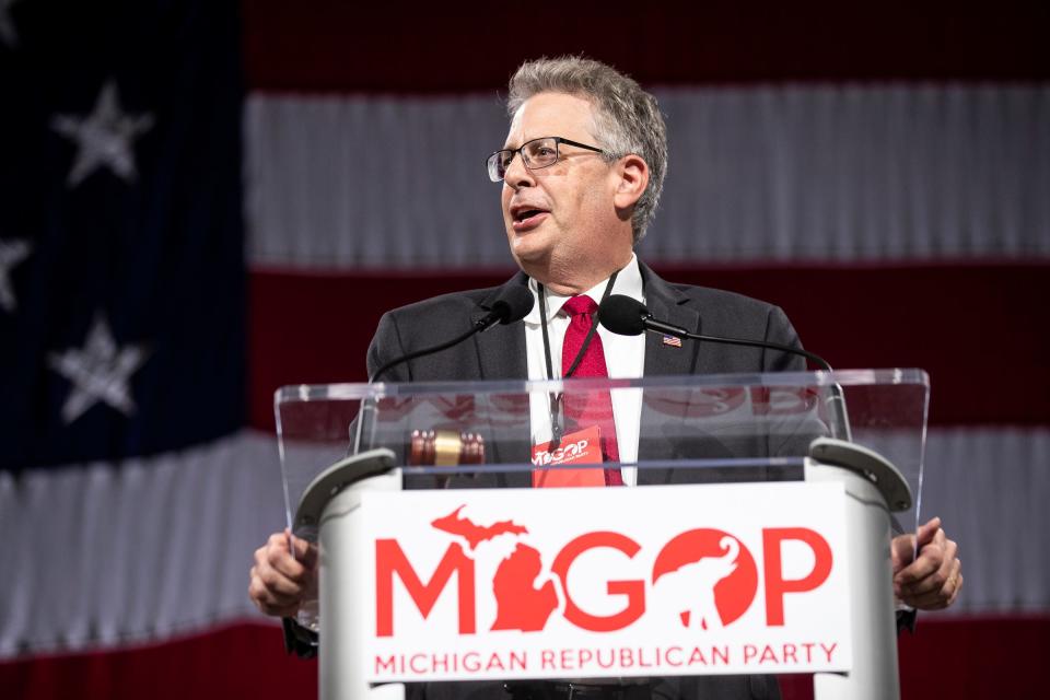 Attorney General candidate Matt DePerno speaks during the MIGOP State Nominating Convention at the Lansing Center in Lansing on Saturday, August 27, 2022.