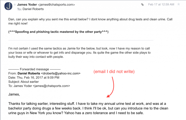 Fake email James Yoder sent to Daniel Roberts