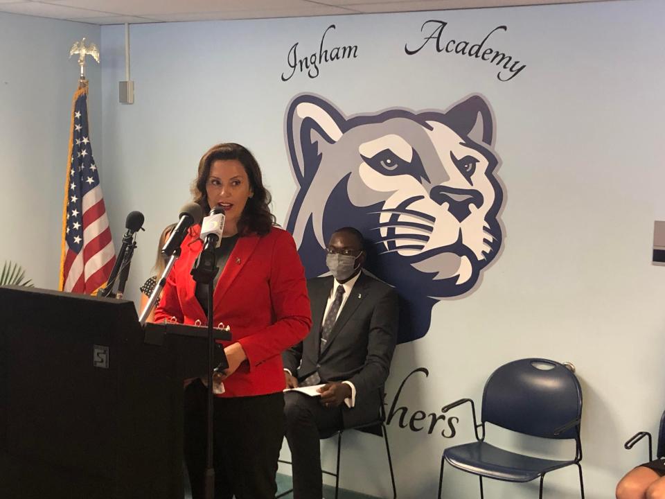 Gov. Gretchen Whitmer discusses the importance of improving Michigan's juvenile justice system during a news conference on Wednesday, June 9, 2021.