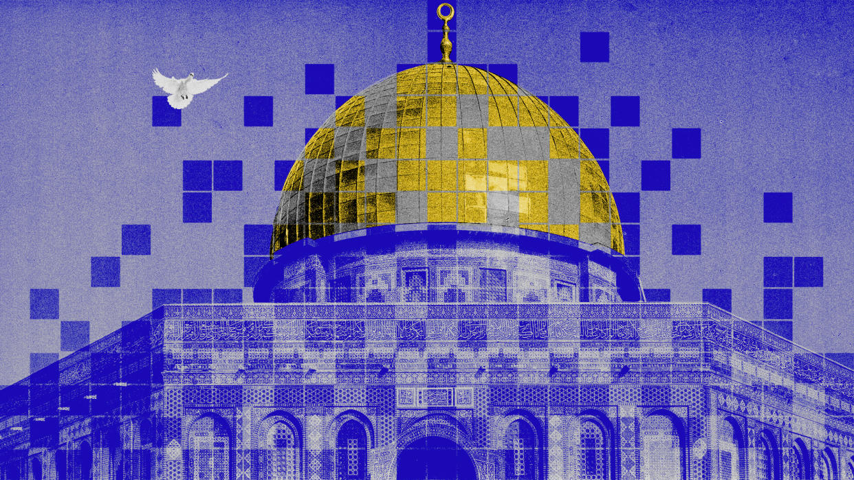  Photo composite of Al Aqsa Mosque with a white dove flying overhead. 