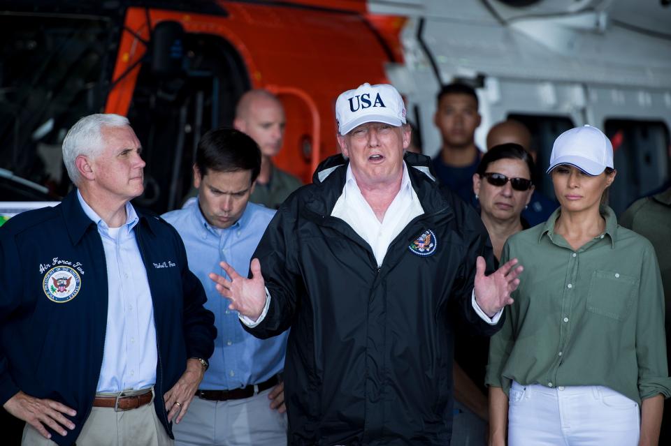 People on social media think President Trump forgot Melania was standing beside him during a press conference on Hurricane Irma in September 2017. (Photo: Getty Images)