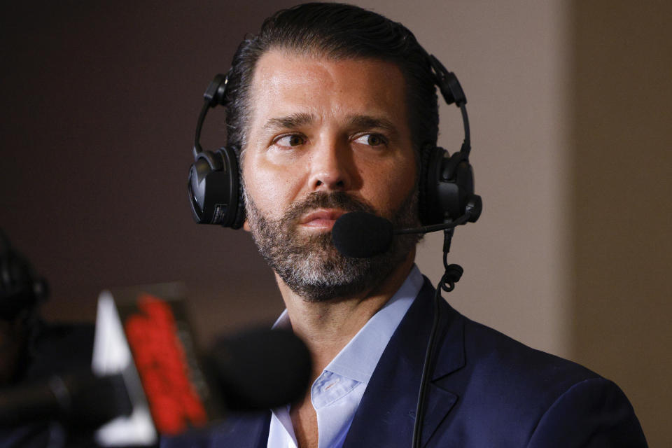 HOLLYWOOD, FLORIDA - SEPTEMBER 11: Donald Trump Jr. looks on prior to the fight between Evander Holyfield and Vitor Belfort during Evander Holyfield vs. Vitor Belfort presented by Triller at Seminole Hard Rock Hotel & Casino on September 11, 2021 in Hollywood, Florida. (Photo by Douglas P. DeFelice/Getty Images)