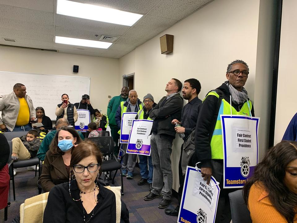 Teamsters protest at Wednesday's School Board meeting for a fair contract for bus drivers.