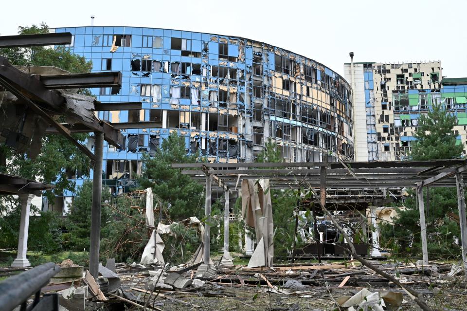 A picture shows the entertainment center Misto (City) partially destroyed as a result of a missile strike, in Kharkiv, on September 11, 2022, amid the Russian invasion of Ukraine. (Photo by SERGEY BOBOK / AFP) (Photo by SERGEY BOBOK/AFP via Getty Images)
