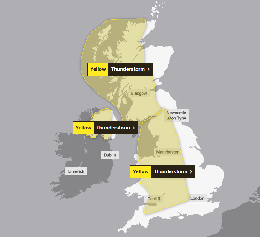 A map shows most of the UK shaded yellow to indicate warning areas