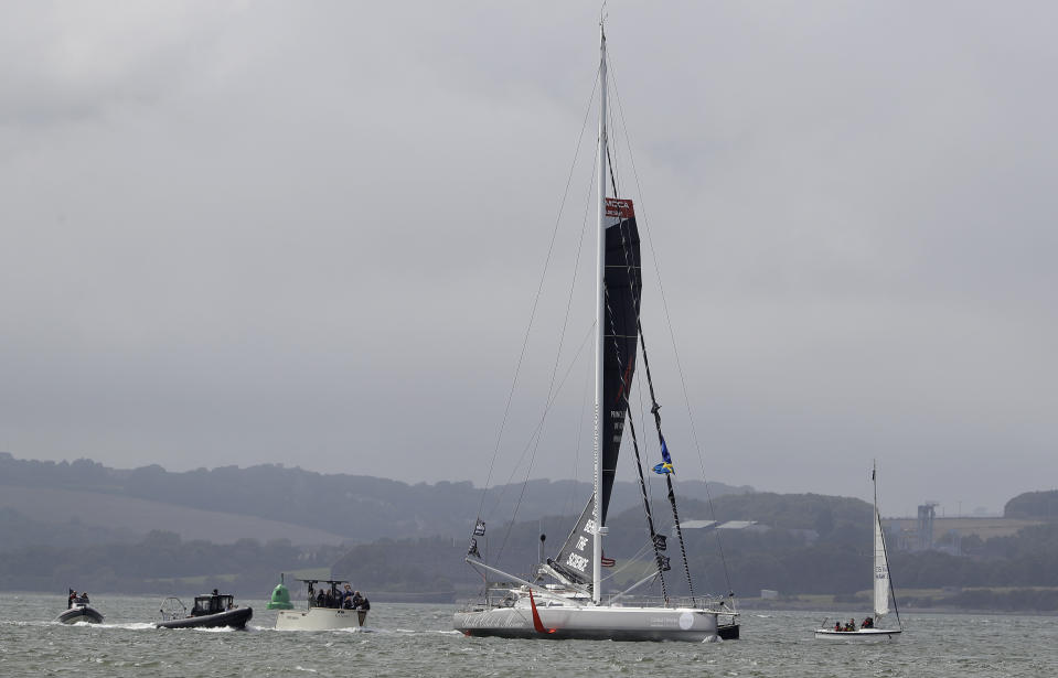 Climate change activist Greta Thunberg is on the Malizia II sailing boat in Plymouth, England, Wednesday, Aug. 14, 2019. The 16-year-old climate change activist who has inspired student protests around the world will leave Plymouth, England, bound for New York in a high-tech but low-comfort sailboat.(AP Photo/Kirsty Wigglesworth, pool)