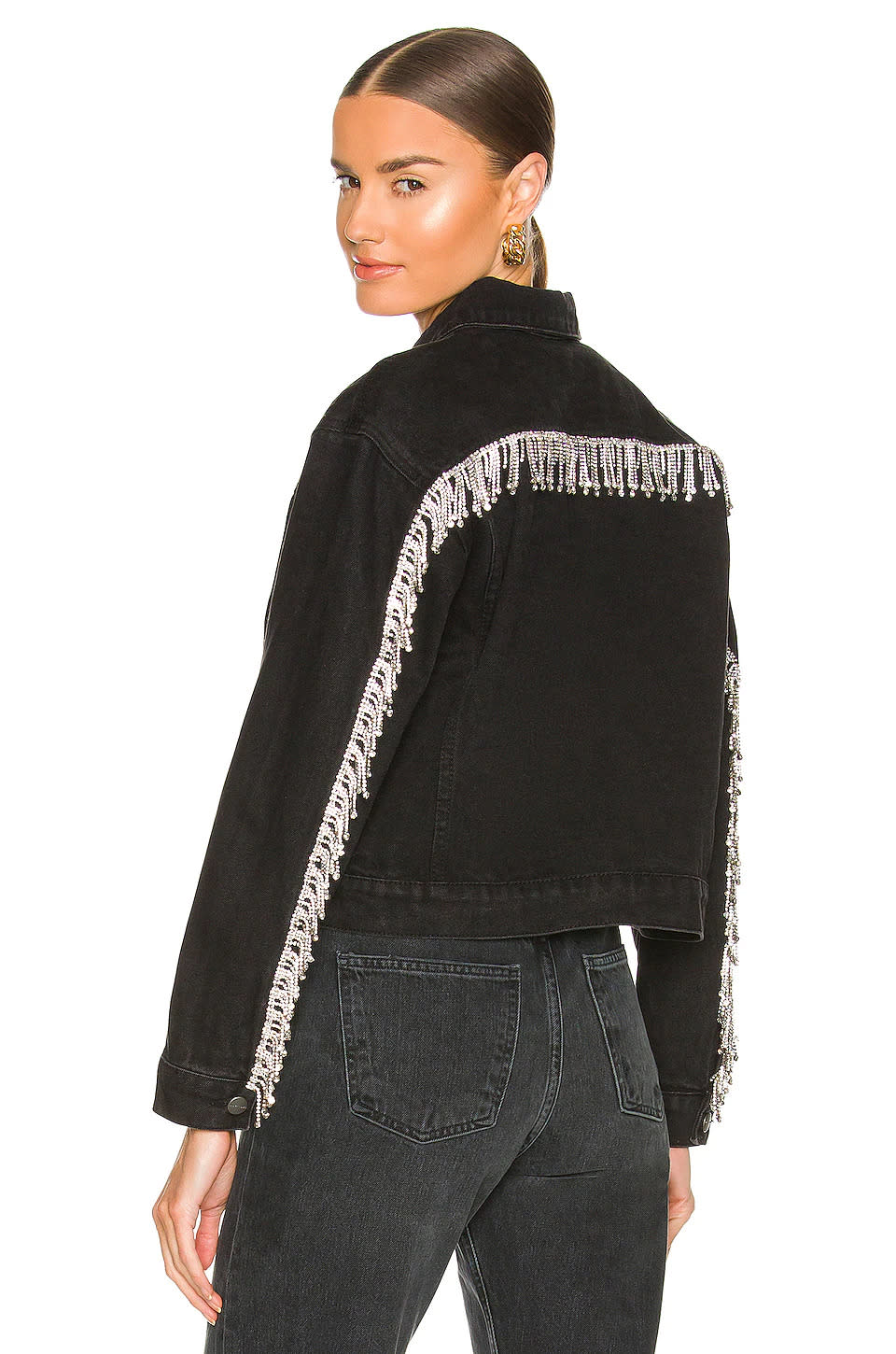 woman wears Superdown Raya Rhinestone Fringe Jacket in black