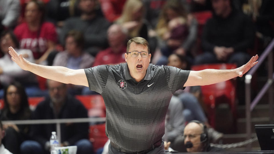 Stanford head coach Jerod Haase shouts to his team during the second half of an NCAA college basketball game against Utah, Thursday, Feb. 2, 2023, in Salt Lake City. (AP Photo/Rick Bowmer)