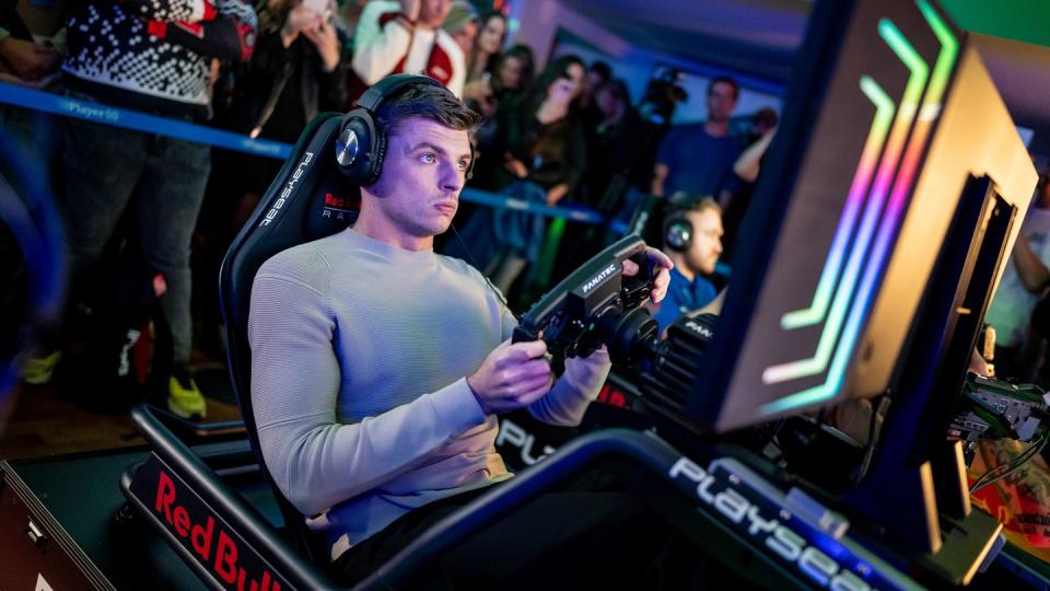 amsterdam, netherlands december 06 max verstappen joins heineken at the global final of player 00 sim racing competition hosted at the heineken experience on december 06, 2023 in amsterdam, netherlands photo by alexander scheubergetty images for heineken