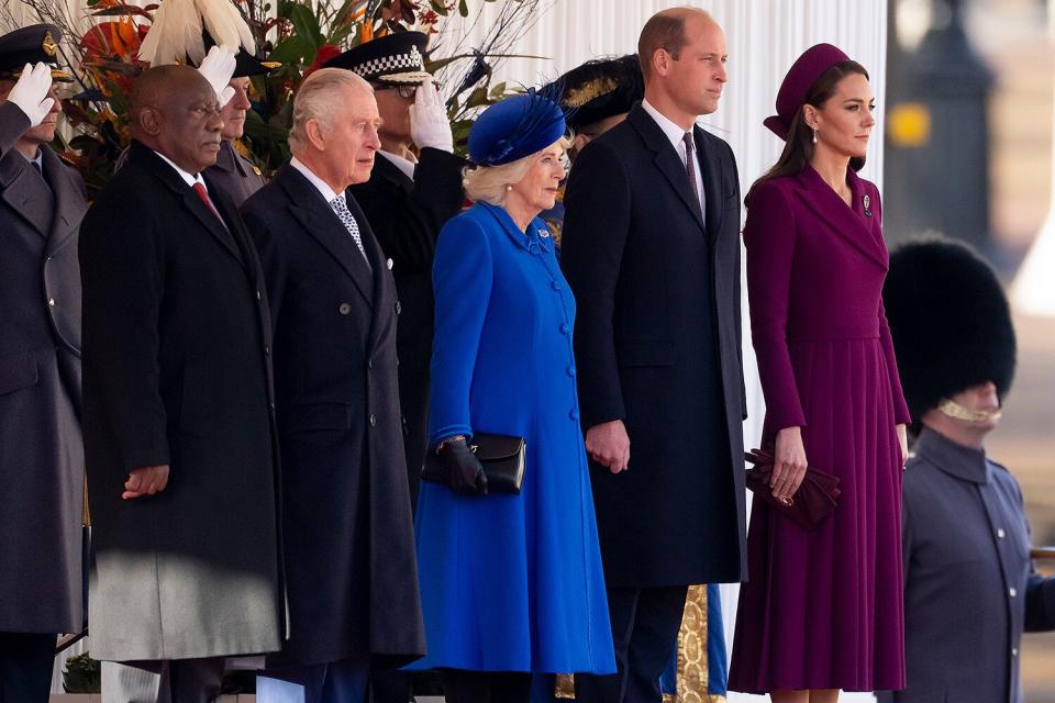 (L-R) President of the Republic of South Africa, President Cyril Ramaphosa with King Charles III and Camilla, Queen Consort and Prince William, Prince of Wales with Catherine, Princess of Wales during the Ceremonial Welcome on Horse Guards Parade where The President, accompanied by The King, inspected the Guard of Honour after the South African National Anthem was played on November 22, 2022 in London, England.