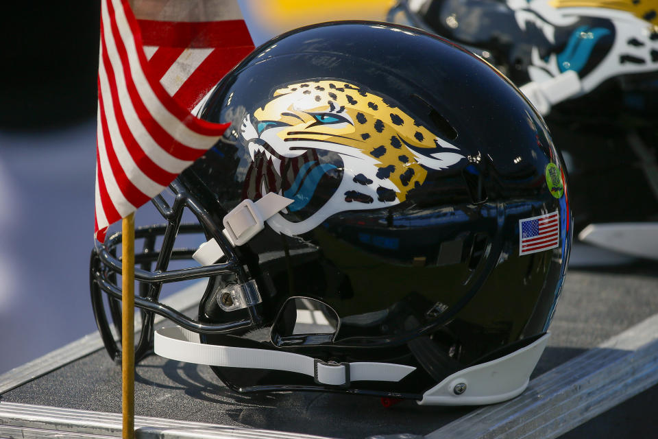 NASHVILLE, TENNESSEE - SEPTEMBER 20:  A helmet of the Jacksonville Jaguars rests on the sideline during a game against theagainst the Tennessee Titans at Nissan Stadium on September 20, 2020 in Nashville, Tennessee. (Photo by Frederick Breedon/Getty Images)