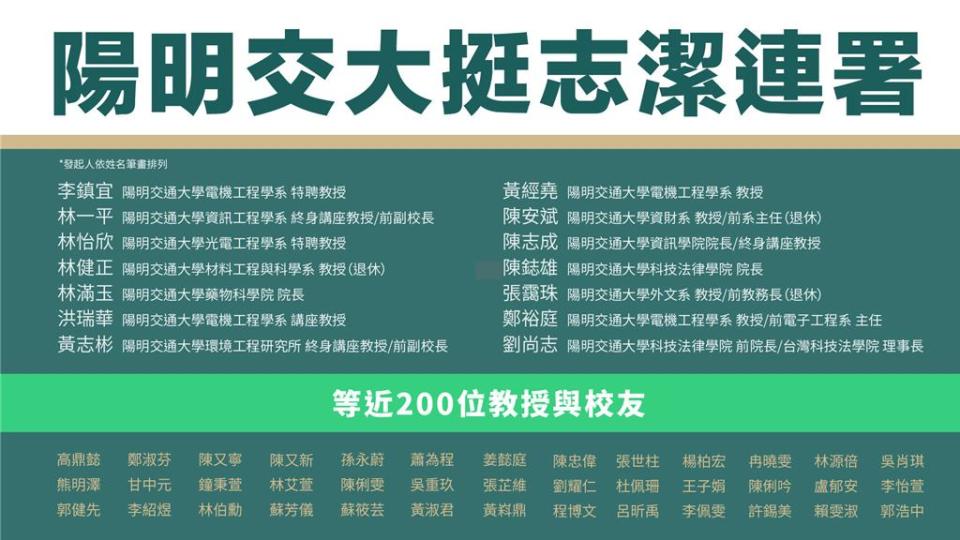 陽明交大教授與校友連署挺林志潔。（林志潔競總提供／陳育賢新竹傳真）