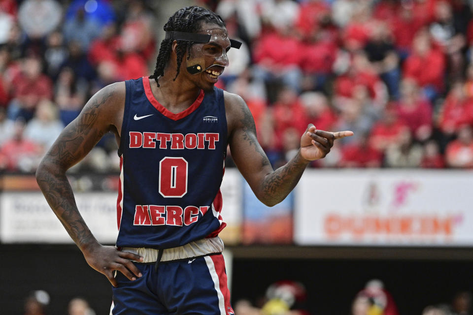 Detroit Mercy guard Antoine Davis smiles while talking with fans during the second half of an NCAA college basketball game against Youngstown State in the quarterfinals of the Horizon League tournament Thursday, March 2, 2023, in Youngstown, Ohio. (AP Photo/David Dermer)