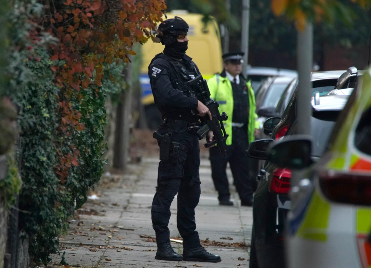 Armed police at an address in Liverpool after an explosion at Liverpool Women�s Hospital killed one person and injured another. Picture date: Sunday November 14, 2021.