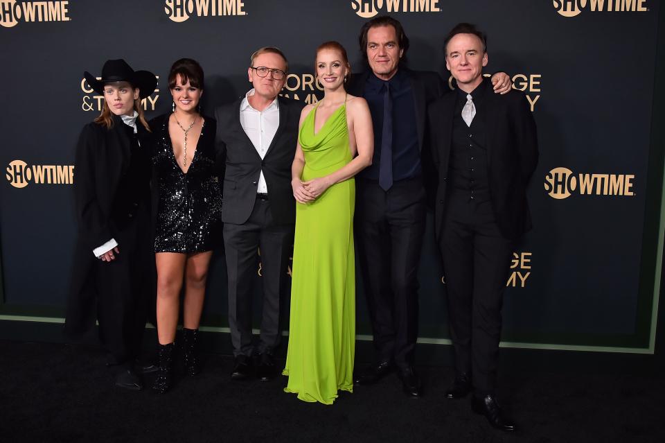 Kelly McCormack, from left, Vivie Myrick, Pat Healy, Jessica Chastain, Michael Shannon and David Wilson Barnes arrive at the Los Angeles premiere of "George & Tammy" Nov. 21, 2022, at Goya Studios.
