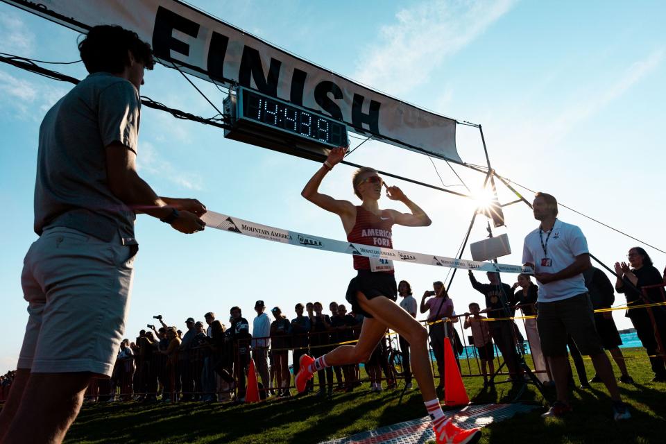 American Fork High School’s Daniel Simmons crosses the finish line, taking first place in the 6A state high school cross-country championships, at the Regional Athletic Complex in Salt Lake City on Tuesday, Oct. 24, 2023. | Megan Nielsen, Deseret News