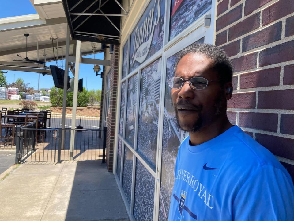 PHOTO: James Lemons, who was shot in the right thigh, on June 7, the day he had his stitches taken out after surgery to remove the bullet lodged in his leg.  (Peggy Lowe/KCUR via KFF Health News)