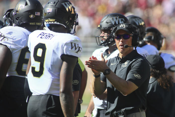 Wake Forest head coach Dave Clawson reacts in the first half of an NCAA college football game against Florida State, Saturday, Oct. 1, 2022, in Tallahassee, Fla. (AP Photo/Phil Sears)