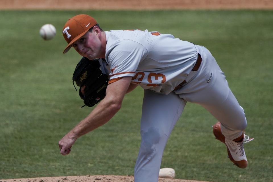 Texas starter Pete Hansen fires a pitch during the first inning of Friday's 13-7 loss to East Carolina. The Pirates finished with 15 hits off seven different UT pitchers, including relievers Tristan Stevens, Aaron Nixon and Lebarron Johnson, Jr.