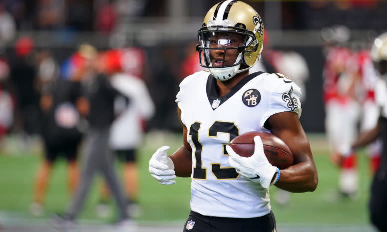 Michael Thomas during warmups before a New Orleans Saints game.