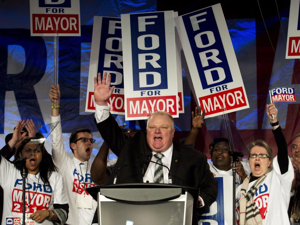 FILE - In this Thursday, April 17, 2014, file photo, Toronto mayor Rob Ford reacts as he speaks to his supporters during his campaign launch in Toronto. Rob Ford's lawyers said on Wednesday, April 30, 2014, that Ford will take a leave of absence to seek help for substance abuse. (AP Photo/The Canadian Press, Nathan Denette, File)